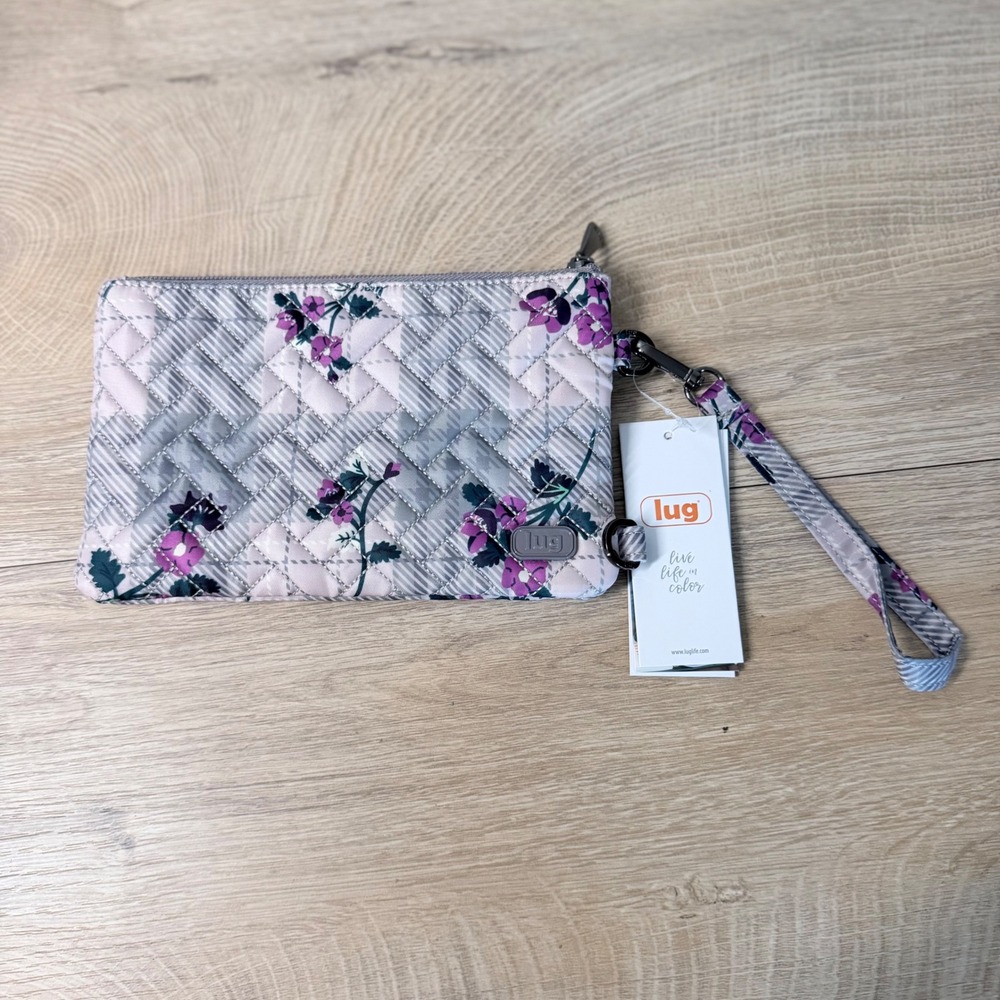 Lug Peekaboo Pouch Wristlet Women OS Gray Purple Floral Quilted RFID Phone Case